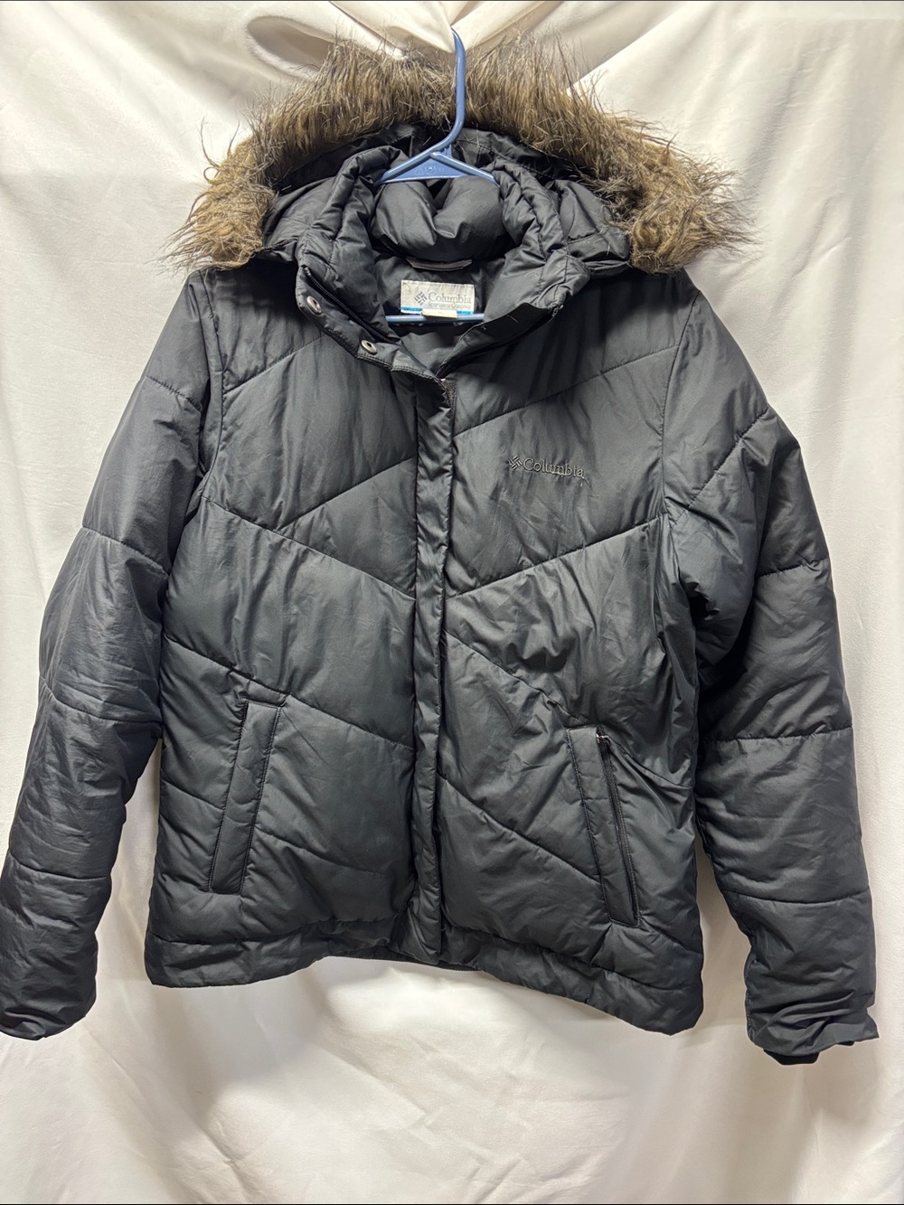 Columbia Womens Black Puffer Jacket with Faux-Fur Trim Hood